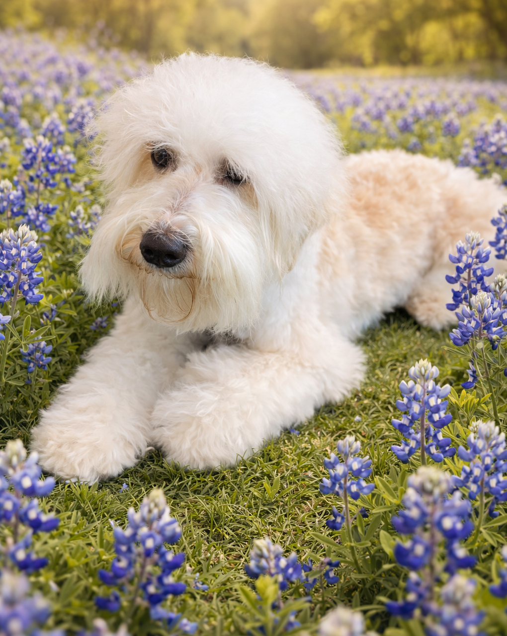Dignity Labradoodles - Reba in a bluebonnet field